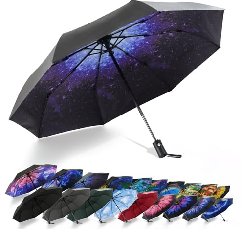 SY COMPACT Automatischer faltbarer Regenschirm, wind- und wasserfest, Sternenhimmelblau