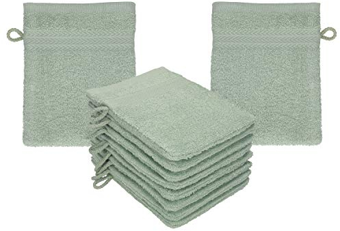 Betz Premium Waschandschuhe 10-teilig - Frottee Waschlappen Gesicht reinigen - aus 100% Baumwolle - Babywaschhandschuh - heugrün