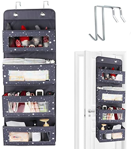 Anstore Hängeorganizer Schrank 4 Großen Taschen,Multifunktionale Hänge Organizer Hängeaufbewahrung,Faltbares Hängeregal mit 2 Haken im Kinderzimmer Schrank,Hängeorganizer Camping,Tür Organizer(Grau)