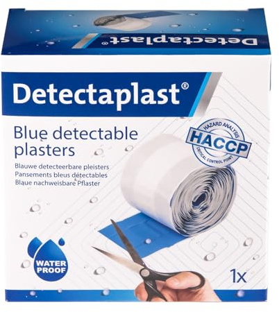 Universella blå Detectaplast-plåster, metalldetekterbara och vattentäta plåster för catering som första hjälpen i livsmedelshanteringsmiljöer, första hjälpen kök, 6 cm x 5 m, 1 st.