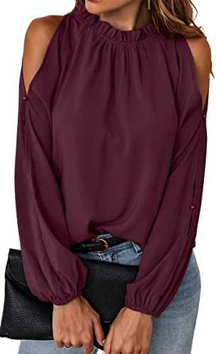 Toplop Blusa para mujer de manga larga con hombros descubiertos: Parte superior elegante y festiva, sexy, para otoño y primavera, casual, túnica, blusa carmen con volantes, cuello redondo, borgoña, XL