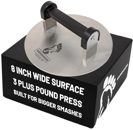 Sasquash Smash Burger Press, Bigfoot 8 Inch Burger Press, 3 Plus Pound Stainless Steel, Heavy Hamburger Smasher Tool, Round for Griddle, Grill, Flat Top, Sandwiches, Steak, Grilling Accessories