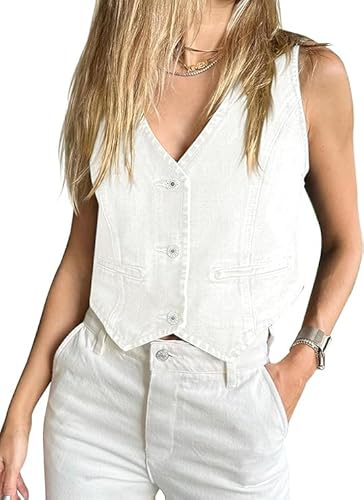 Imily Bela Jean Chaleco de verano para mujer, sin mangas, cuello en V, sexy, con botones, elegante, vaquero, informal, para exteriores, ropa de calle, Blanco, M