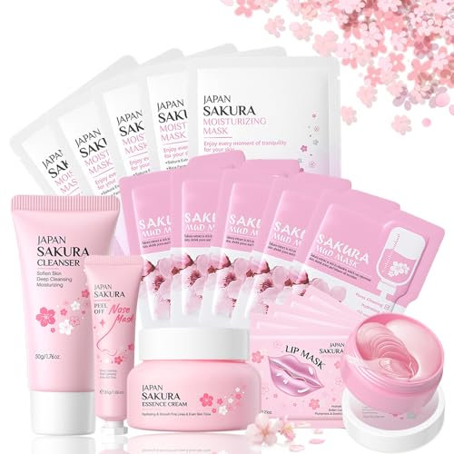 Sakura Hautpflege Set 19 Stück, Skin Care Set mit Befeuchtende und Reinigende Gesichtsmaske, Nasenmaske, Reinigungsmittel, Creme, Augenmaske, Lippenmaske, Kirschblüten-Schnecken-Geschenkset