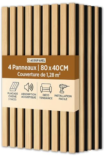 ACOUPANEL | Panneau Acoustique en Tasseaux Bois | Lot de 4 Panneaux Muraux 1,28 m² | Isolation Phonique | Placage Chêne 3 Faces | Installation Facile Mur ou Plafond (Chêne naturel)