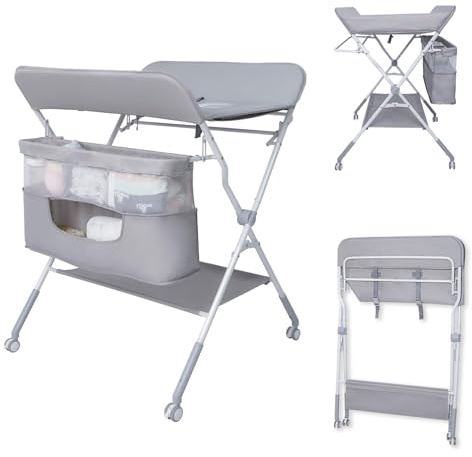 Gentle Monster Baby Folding Portable Changing Table, 4-Level Adjustable Height Diaper Changing Station Table for Nursery with Safety Belt, Double Storage Bag, Headrests & Diaper Pad