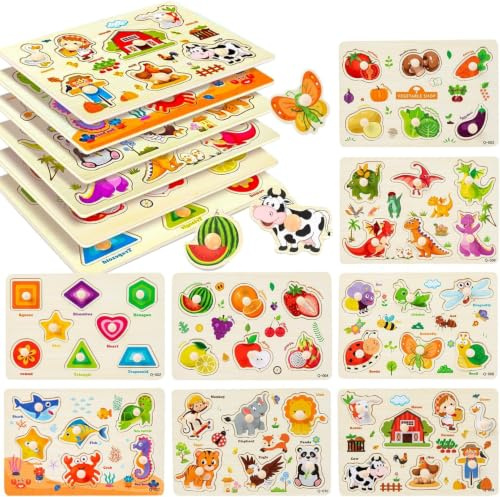 Wooden Peg Puzzle for 2+, 8Pcs Baby Peg Puzzles 1+, Learning Puzzles Set- Dinosaur, Farm, Sea, Animals, Fruits, Shape, Vegetable, Insect Great Preschool Gifts for Girls Boys