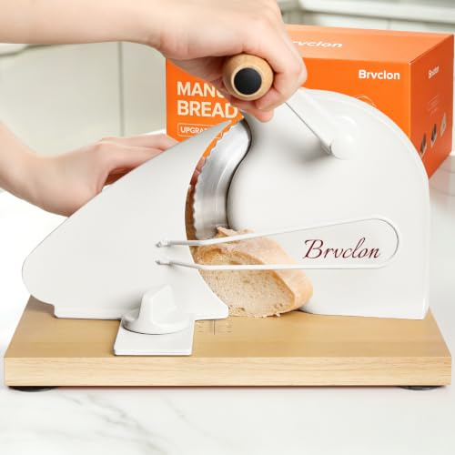 Brvclon Manual Bread Slicer Adjustable Thickness, Hand Crank Bread Slicer for Homemade Sourdough Bread with Scale Line & Suction Cup & Metal Guide,Quality Solid Wood Base