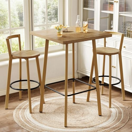 Tribesigns Mesa de Bar Alta con 2 Taburetes, Mesa Bistró Cuadrada 100 cm con Reposapiés, Pequeño Set de Comedor Rústico para Cocina, Cafetería, Salón, Marrón Rústico