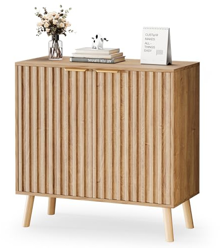 Pamapic Sideboard, Buffet Storage Cabinet with Fluted Decorating, Sideboard Storage Cabinet with 2 Doors & Adjustable Shelf, Kitchen Cupboard for Living Room, Dining Room, 35 x 77 x 78 cm, Oak