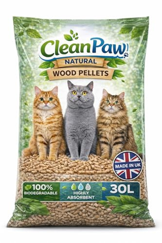Clean Paw Natural Wood Pellets Cat Litter, 30L, Biodegradable, Non-Clumping, Highly Absorbent, Pellet Form, for Cats and Kittens, Made in UK (30L)
