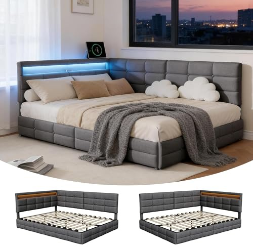 BRILVERDE Polsterbett 140x200 mit Stauraum, Schlafsofa mit 2 Schublade, Daybett mit LED und USB, Jugendbett mit Lattenrost, Leinen, ohne Matratze (Grau,140 x 200 cm)