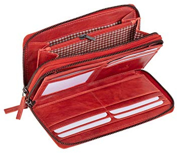 MIKA 42175 - Damengeldbörse aus Echt Leder, Portemonnaie im Querformat, Geldbeutel mit 9 Kartenfächer, 2 Scheinfächer und Münzfach mit Reißverschluss, Brieftasche in rot, ca. 19,5 x 10,5 x 3 cm