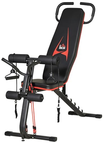 HOMCOM Hantelbank verstellbare Trainingsbank mit elastischer Seils Sit Up-Bank für Heimtraining 6 Stufen Rückenlehne-Gefälle Gewicht bis 150 kg Stahl Kunstleder Schwarz+Rot 145 x 49 x 48-127 cm
