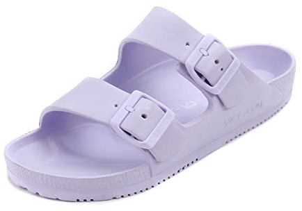 VICT POPU Pantoletten Damen mit Fussbett Sandalen Flach Rutschfest Sommer Badelatschen Lässig EVA Slides Erwachsene Schlappen Helles Lila 39