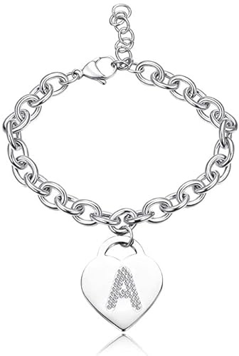 Bracciale con lettera iniziale donna con STRASS in acciaio con lettera NOME - charm cuore e cristalli argento - alfabeto - misura regolabile, nascita, anniversario,idea CONFEZIONE REGALO INCLUSA (A)