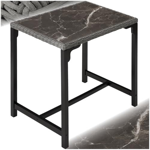 tectake® Alu Rattan Bartisch Küche, Hochtisch mit Tischplatte in Marmor Optik, Balkonmöbel, Gartenmöbel für Outdoor Küche, Kleiner Wohnzimmer Esstisch, 96 x 65 x 100 cm, wetterfest - grau