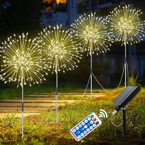 Solar Feuerwerk Gartenlichter, Solar Garten Dekorative Lichter mit 120 LED, 4 Stück Solarlampen für Außen Garten Wasserdicht, Warmweiß Solarstecker Gartenleuchten für Hinterhof Weg Rasen Terrasse