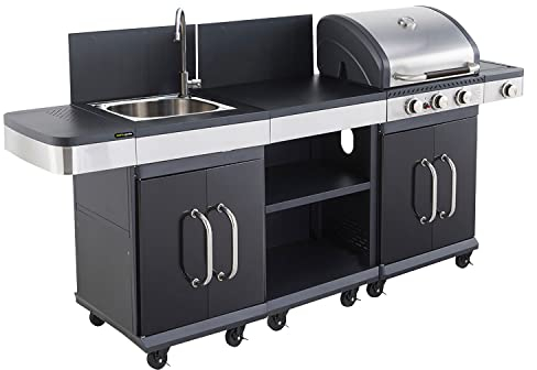 Cook'in Garden Cuisine extérieure modulable FIDGI 3 - Barbecue au gaz 3 brûleurs avec thermomètre, Meuble d'appoint desserte, et évier