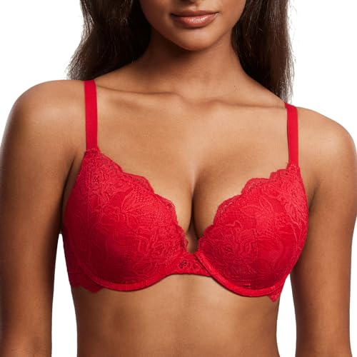 DOBREVA Damen Push Up BH Mit Spitze Gepolstert Plunge Bügel Vollschalen BHS Gemoldete Cups Lippenstift Rot 90D