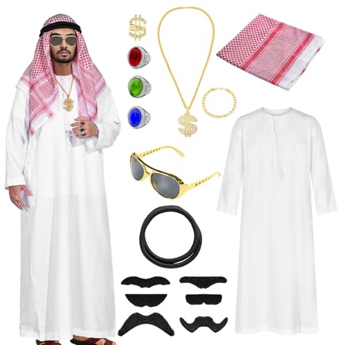 Marypaty Disfraz Jeque Arabe Hombre Halloween, Arabian Costume Sheikh Traje Árabe para El Carnaval, Fiesta, Cosplay, con Anillo de Dedo Collar Gafas de Sol (Arabe, XL)