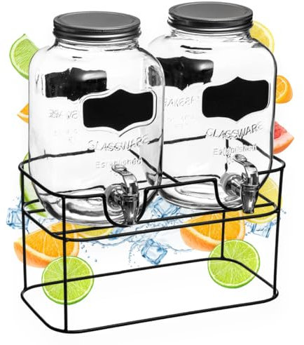 PZL CONCEPT Distributeur Boisson Double avec Robinet 8 L (2x4L) - Fontaine à Eau et Cocktail - Bol à Punch - Jarre en Verre pour Limonades - Bonbonne - Bocal pour vos Fêtes et Anniversaires