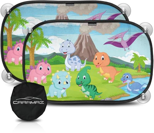 Car Window Shades for Baby with Certified UV Protection - Optimal Darkness with Suction Cups in Universal Size 51 x 31 cm - Dino Design - Pack of 2