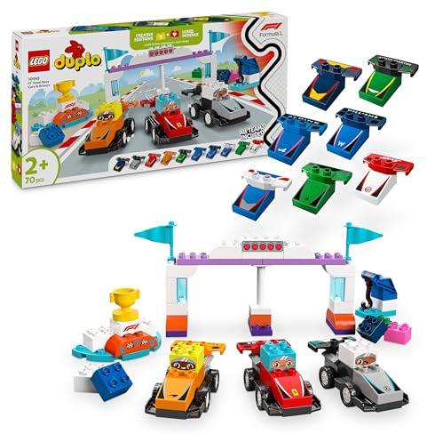 LEGO DUPLO Town F1 Team Race Cars & Drivers - Fine Motor Skills Toy for 2+ Year Old Toddlers, Boys & Girls - incl. 10 Car Toys, a Crane, Start Lights & Podium - Gift Idea - 10445