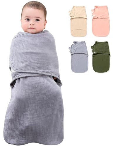 HINATAA Baby Schlafsäcke Neugeborene, Pucksack Baby 0-3/3-6 Monate mit Bio-Baumwolle, 3 in 1 Wickeldecke Babys, Baby Swaddle Einstellbare Breitere Klettverschluss Jungen Mädchen (Grau, 3-6 Monate)