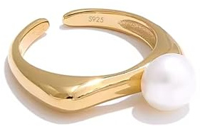 QueenBee 14K Gold Plated Pearl Ring – Adjustable Open Band, Minimalist Sterling Silver Ring with Gold Finish, Modern Asymmetric Design, Elegant High-Polish Unique Pearl Jewelry, Trendy Gift for Her