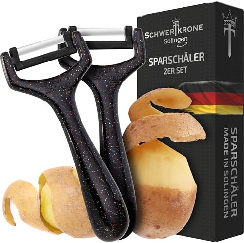Schwertkrone® Set di 2 pelapatate [Made in Solingen – Germania] – Pelapatate ergonomico e sicuro, per destrimani e mancini, lama in acciaio inossidabile, lavabile in lavastoviglie, nero