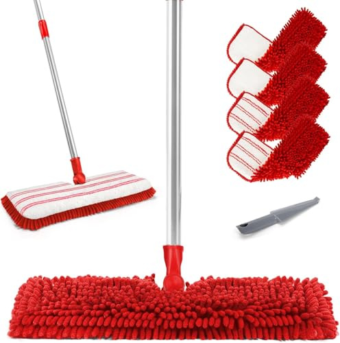 Myiosus Bodenwischer Set, Wischmopp mit 127cm Einstellbar Handgriff, Flachmopp mit 4 Waschbaren Chenille Wischpads, Wischer Boden für Hartholz,Fliesenboden, Laminat, Senden 1 Schaber, Rot