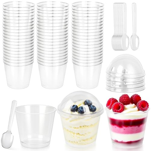 Fracurs 60 Stück Mini Dessertgläser Plastik mit 60 Stück Löffeln 210 ml Dessertbecher mit Deckel Kleine Wiederverwendbar Dessertschalen Runden Desserttöpfe für Zuhause Desserts Mousse Pudding