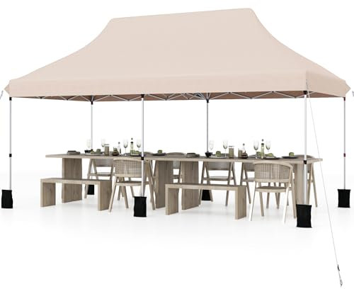 GOPLUS 3x6M Tonnelle Jardin Pliable, Hauteur Réglable, Entrées Zippées, Fenêtres, Sac de Transport, Sac Lesté Pavillon Portable Instantanée Pop-Up pour Fête,Mariage (Beige|sans Bâche, 3x6M)