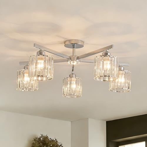 Surpars House Ceiling Light, 5 Lights Crystal Chandelier, Modern Elegant Ceiling Lighting Easy Installation Lighting Fixture with Durable Metal Frame for Living Room, Bedroom, Dining Room, Silver
