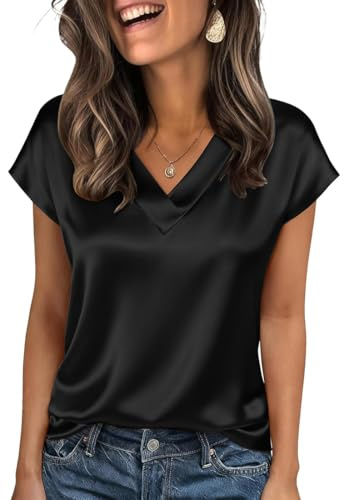 OLIPHEE T-Shirt Satin Tee Shirt Femme Col V Manches Courtes Top Femme Été Chemisier Femmes Satin décontracté Travail Tshirt Femmes Été Élégant