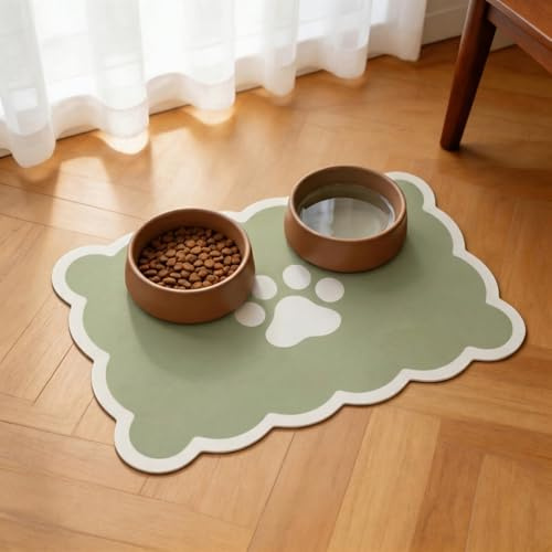 Absorbent Pet Food Mat, Scalloped Edge Dog Cat Bowl Mat with Rubber Backing, Quick-Dry Leather Feeding Mat for Messy Drinkers, 30 x 50CM, Sage Green