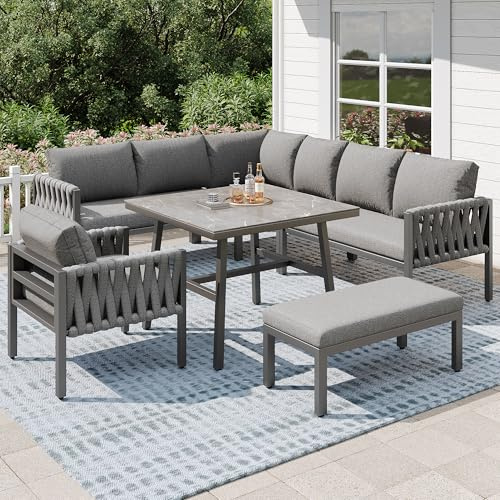 Salon de jardin exterieur 6/8 personnes,canapé de jardin exterieur,canapé d'angle,ensemble de meubles de jardin en corde avec structure en fer galvanisé,plateau de table en verre trempé (gris)