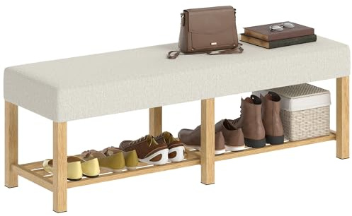 HOMCOM Banco Zapatero, Banco Recibidor Moderno, con Asiento Acolchado para 2 Personas, Estante Abierto, Marco de Madera, para Entrada, Pasillo, Salón, 140x44x48 cm, Crema y Madera Natural
