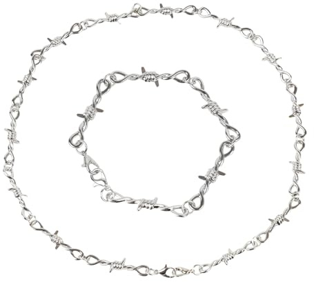 Kaelaxroy Collar y Pulsera de Alambre de Púas para Hombre y Mujer, Set de Joyería Punk Gótico 2 piezas, Cadena de Acero Inoxidable Plateada Ajustable, Accesorios Hip Hop Y2K