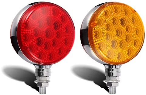 Partsam 2pcs Double Face Round Led Pedestal Lights Stop Tail Turn Signal Fender Mount Marker Lights Chrome Mini-reflex Replacement for Heavy-duty Trucks Trailers Waterproof, 10-30V