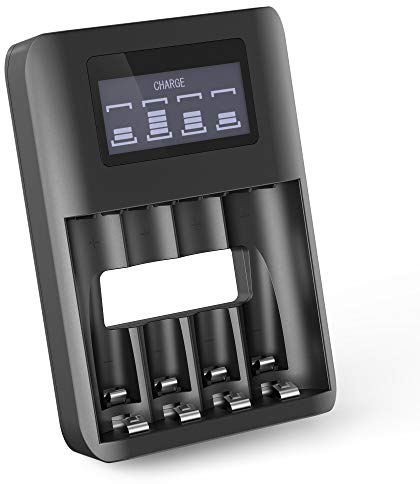 Cargador de Pilas Inteligente de CELLONIC con 4 Compartimentos de Carga para Pilas Recargables AA AAA, Cargador rápido con Pantalla LCD para Control de Carga, Fast Charger con Cable USB