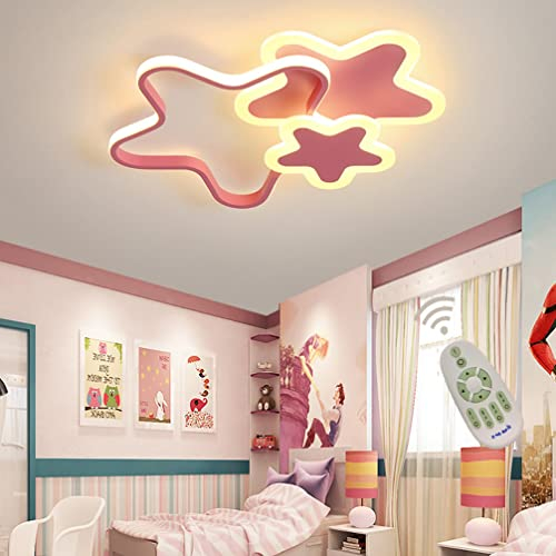 Kinderzimmerlampe LED Dimmbar Deckenleuchte Kinder Mädchen Junge Schlafzimmer Deko Decke Lampe, Modern 3 Stern Design Acryl-schirm Deckenlampe für Esszimmer Bad Flur, mit Fernbedienung Ø52cm (Rosa)
