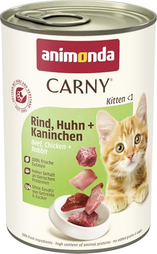 animonda Carny Kitten våtfoder för unga katter, burk kattmat för unga katter, nötkött, kyckling och kanin 12 x 400 g | Kattunge spannmålsfri katt våt mat utan socker för växande kattungar upp till 1 år, med färska ingredienser