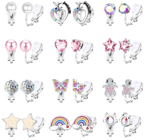 FIOROYAL 12 Paar Ohrclips Mädchen Hypoallergene Clip Ohrringe Mädchen Niedlich Bunte Zirkon klipp ohrringe Kinder Schmetterling Perle Ohrringe Ohne Ohrloch Ohrclips Kinder