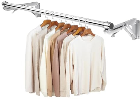TBMLC Perchero plegable montado en la pared, barra de 76 cm de largo y 2 bases gruesas, acero inoxidable, multiusos para ahorrar espacio, tendedero de ropa, perchero desmontable y superior reservado
