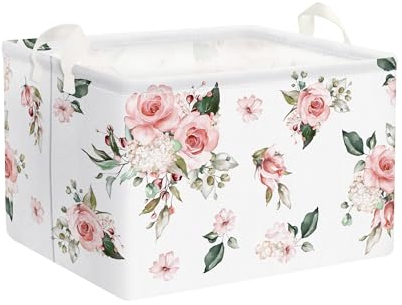 Clastyle Elegant Rosa Flowers Mädchen Frauen Würfel Aufbewahrungskorb Rose White Wasserdicht Rechteckig Stoff Regalkörbe Kleidung Spielzeug Kinder Aufbewahrungsbox für Schlafzimmer, 36x26x23 cm
