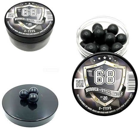 RUBBER-STEEL BALLS in 68 caliber 20 x S-TYPE Premium Quality Hard Rubber Steel Balls Paintballs Powerballs 7 gr. Heavy Ammo for Self Home Defense Training Pistols in .68 Cal.