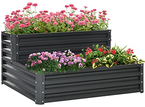 Outsunny Huerto Urbano de 2 Niveles Jardinera Exterior de Acero con Diseño de Escalera para Cultivos Plantas Medicina Herbaria Flores para Terraza Jardín 120x101x58 cm Gris Oscuro
