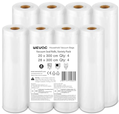 Wevac Lite Profi Vakuumbeutel Lebensmittel 4 Rollen 20x300cm + 4 Rollen 28x300cm Folienrollen, BPA-frei, geeignet für Food Saver, für Vakuum-Aufbewahrung, für Alle Vakuumierer, Sous Vide geeignet